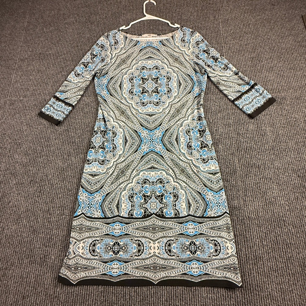 Wisp Womens Size 10 Blue Black Paisley‎ Medallion Sheath Dress 3/4 Sleeve